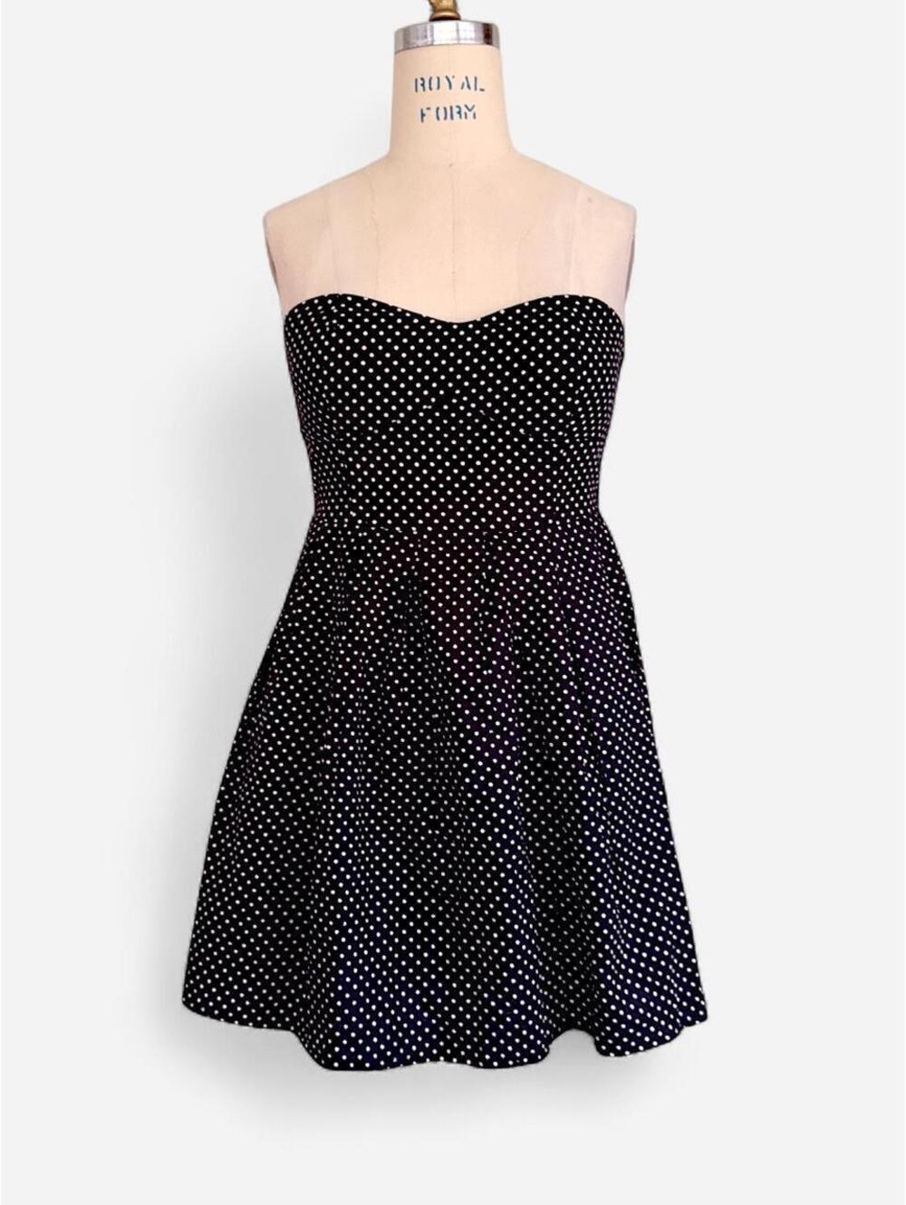 No Boundaries Y2K Polka Dot Strapless Sweetheart Mini Dress in Black